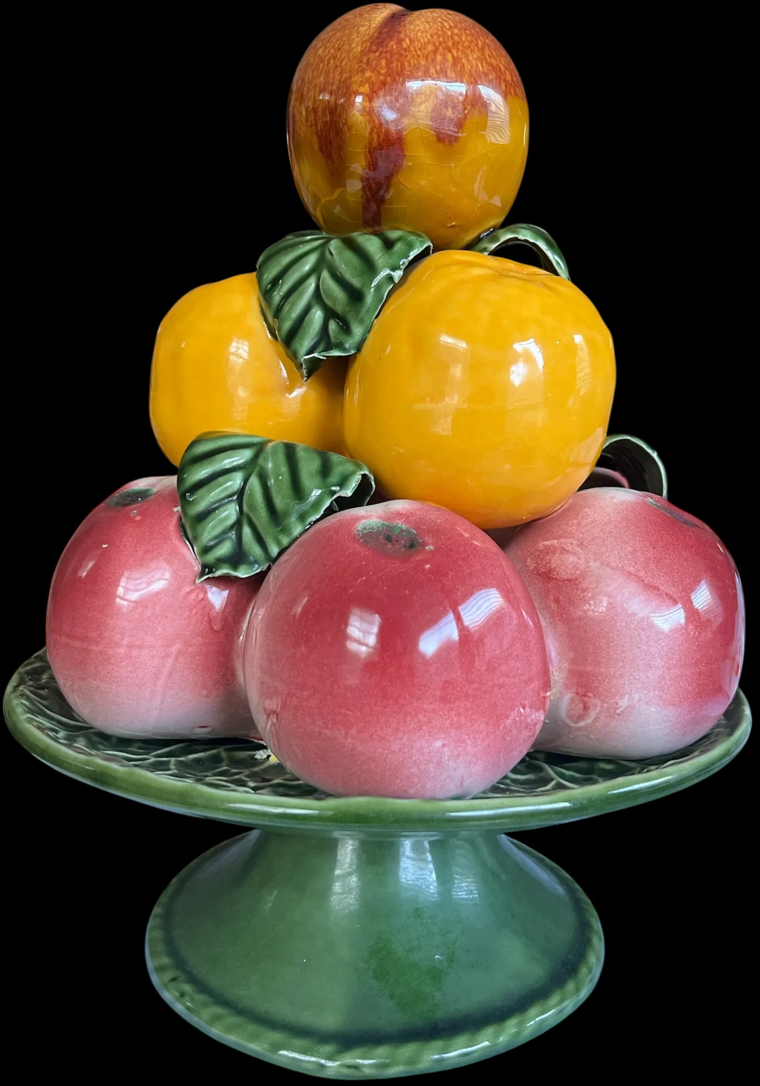 Vintage Ceramic Majolica Fruit Topiary on Pedestal With Peaches, Apples, and Citrus – Made in - 3