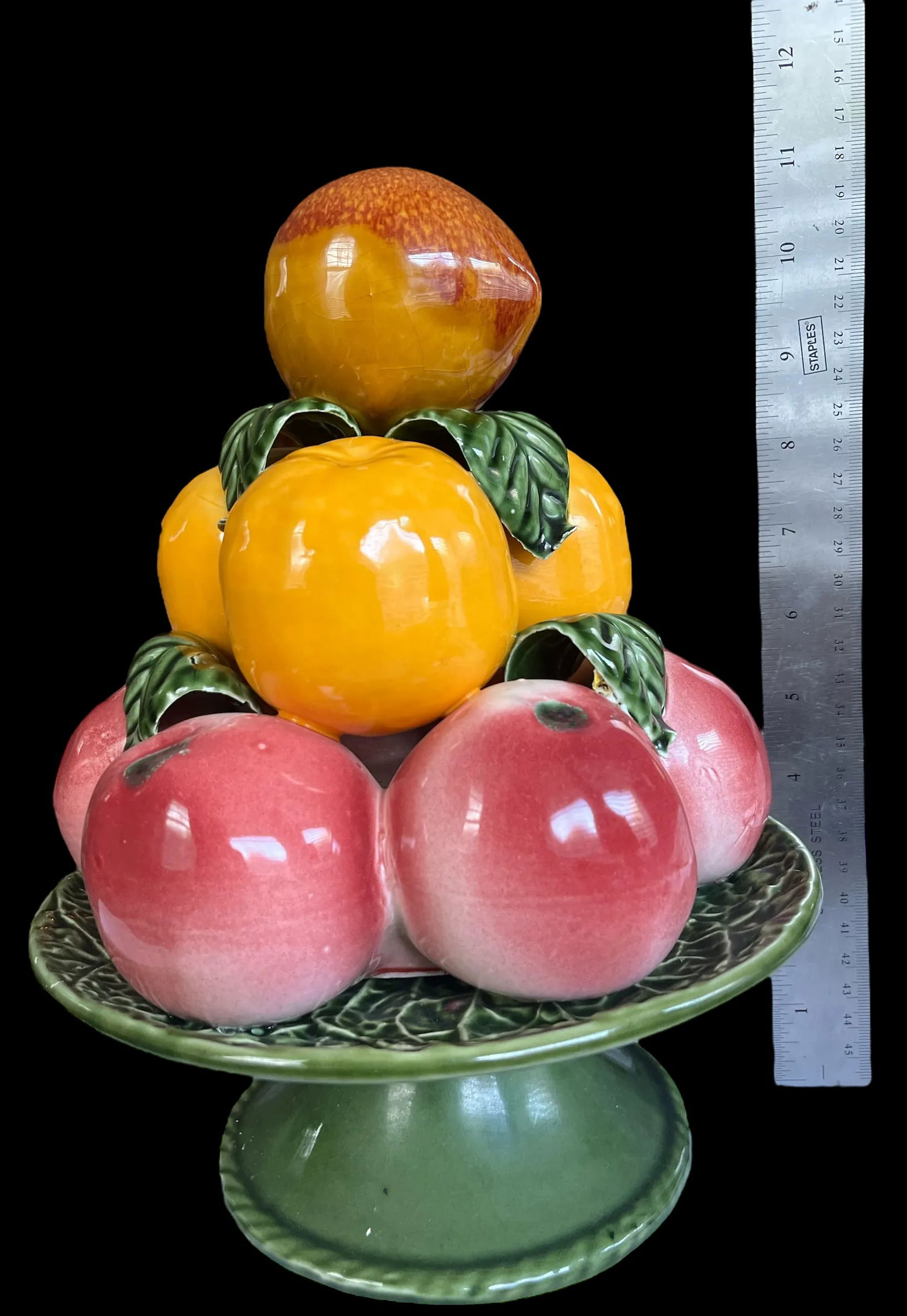 Vintage Ceramic Majolica Fruit Topiary on Pedestal With Peaches, Apples, and Citrus – Made in - 5