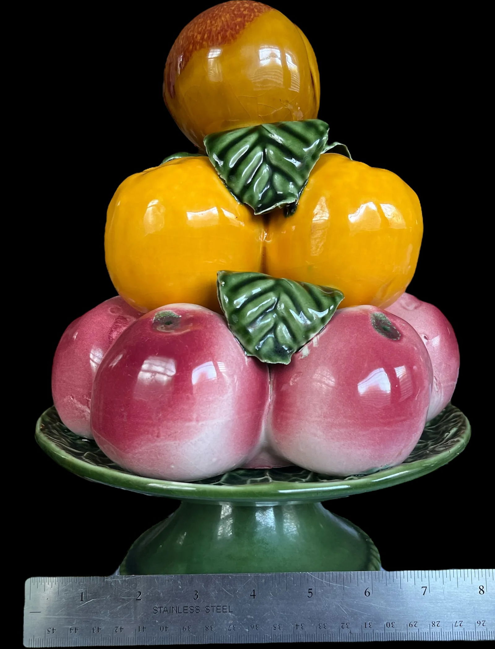 Vintage Ceramic Majolica Fruit Topiary on Pedestal With Peaches, Apples, and Citrus – Made in - 6