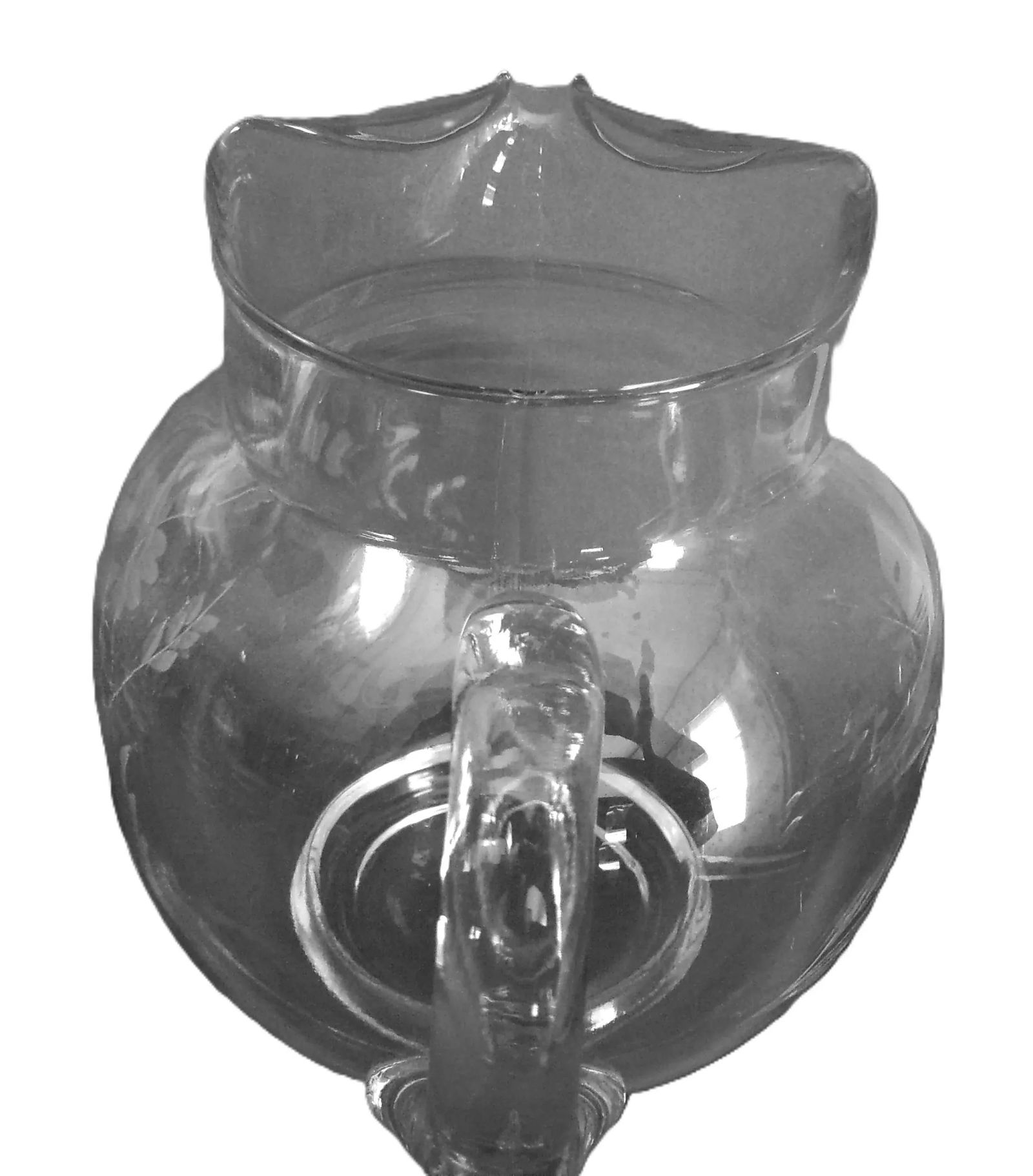 1960s Large Pitcher and Eight Glasses, Etched With Flowers and Leaves - 9 Pieces - 10