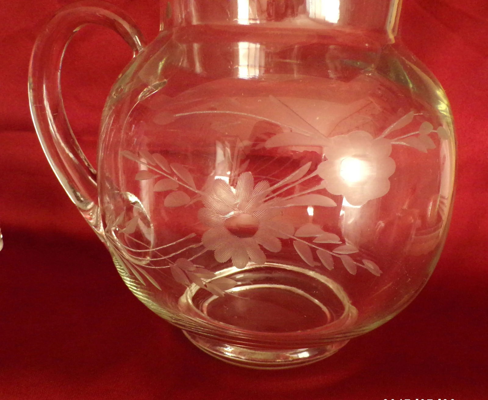 1960s Large Pitcher and Eight Glasses, Etched With Flowers and Leaves - 9 Pieces - 9