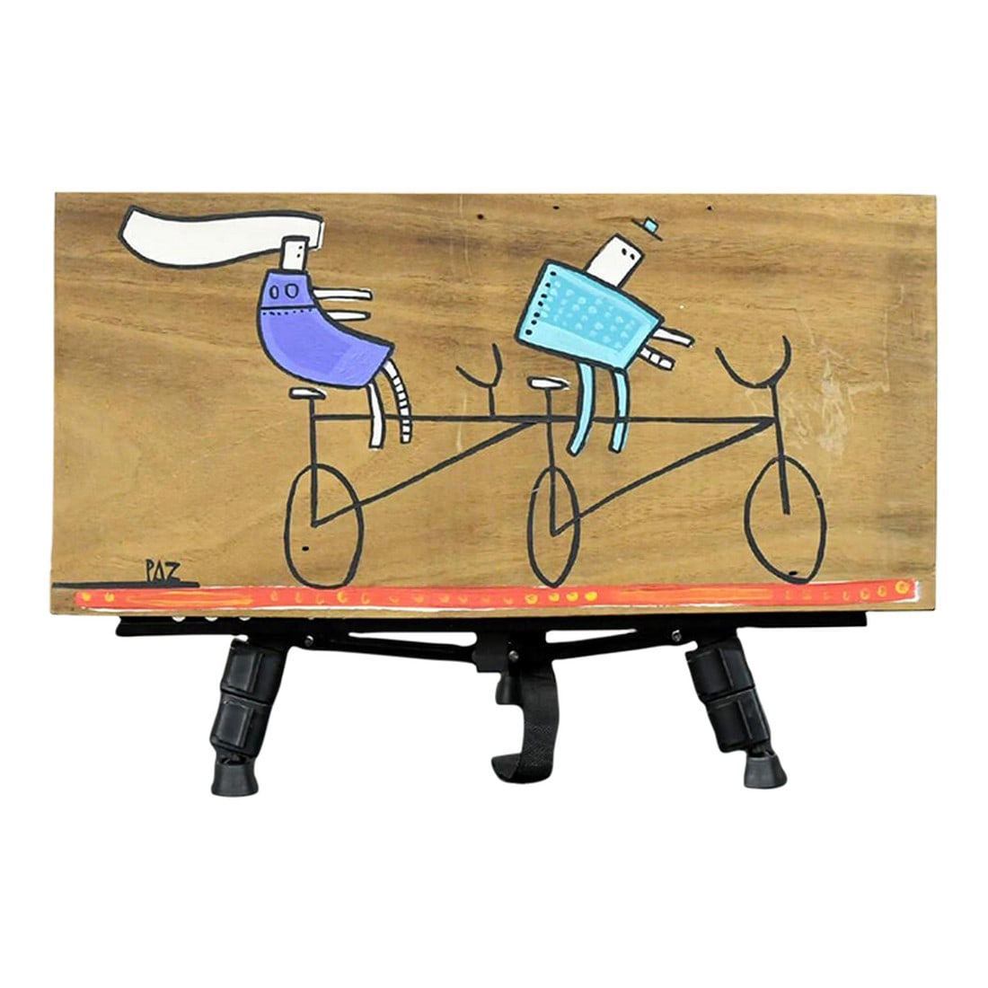 Late 20th Century Manuel Paz Untitled Acrylic on Reclaimed Wood, a Bicycle Built for Two: Manuel Paz is a self-taught artist from Buenos Aires. His art employs simple language, allowing the viewer to actively participate in the creative process alongside the artist. He crafts minimalist fo