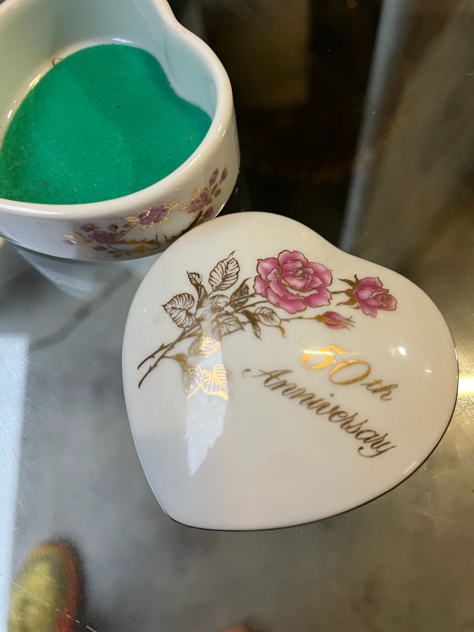 1970s Small Ceramic 50th Anniversary Heart Shaped Box - 10