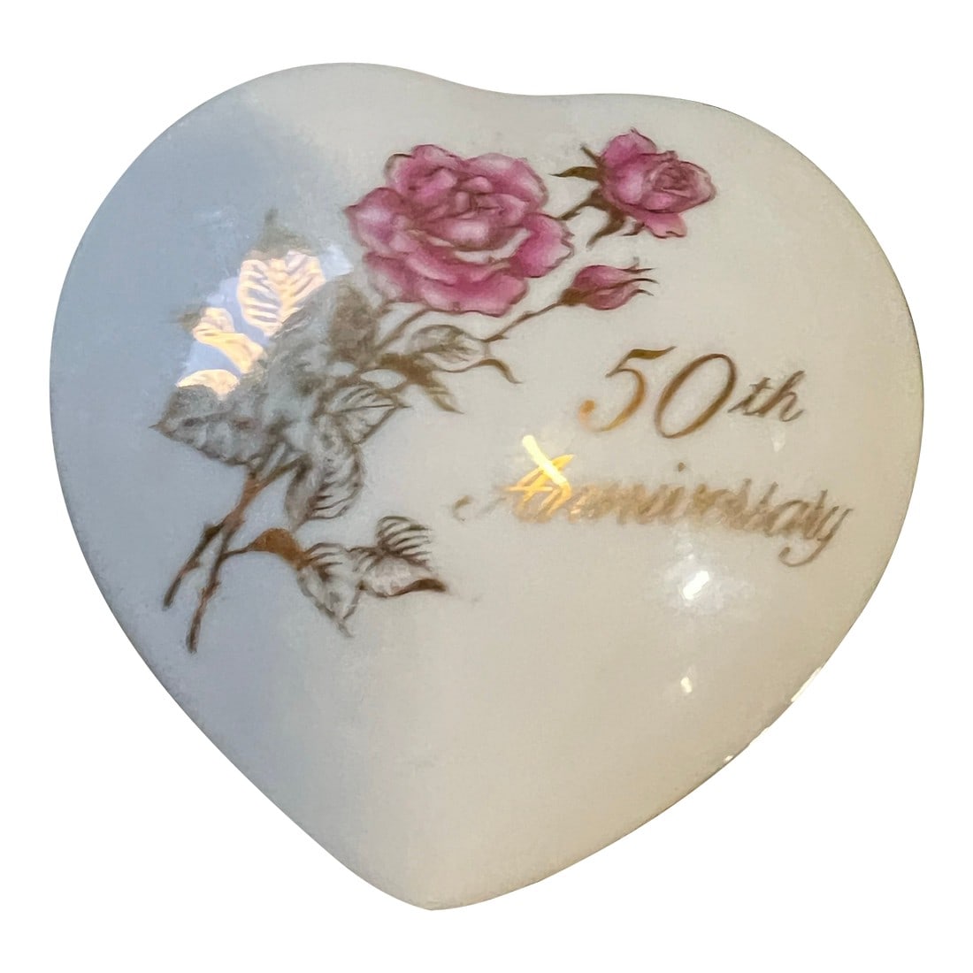 1970s Small Ceramic 50th Anniversary Heart Shaped Box: Up for consideration is a beautiful vintage small ceramic 50th anniversary heart shaped box. This is a perfect gift for your partner or someone you know celebrating this once in a lifetime event.