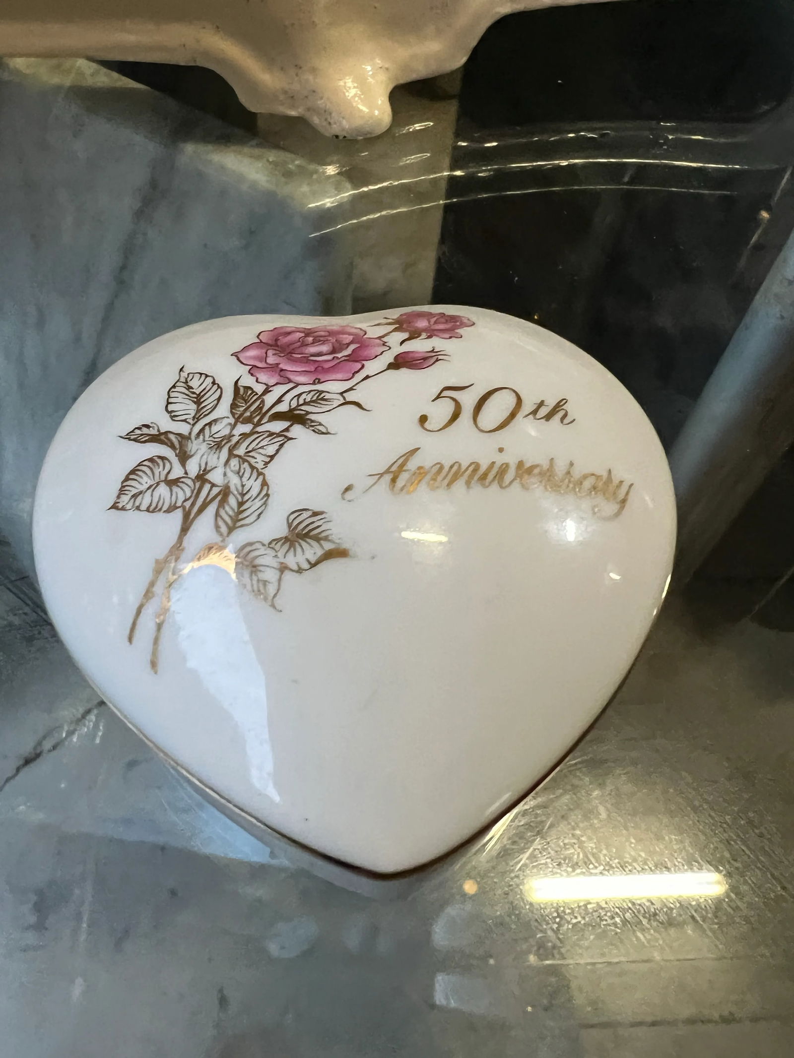 1970s Small Ceramic 50th Anniversary Heart Shaped Box - 3