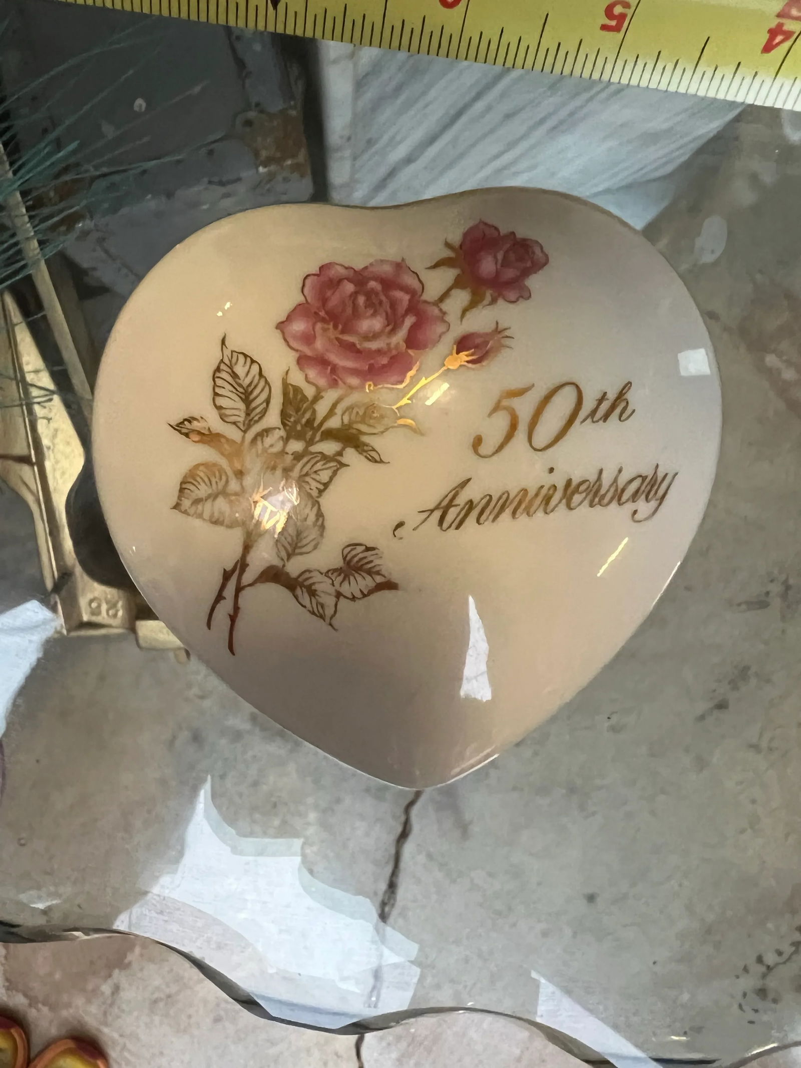 1970s Small Ceramic 50th Anniversary Heart Shaped Box - 4