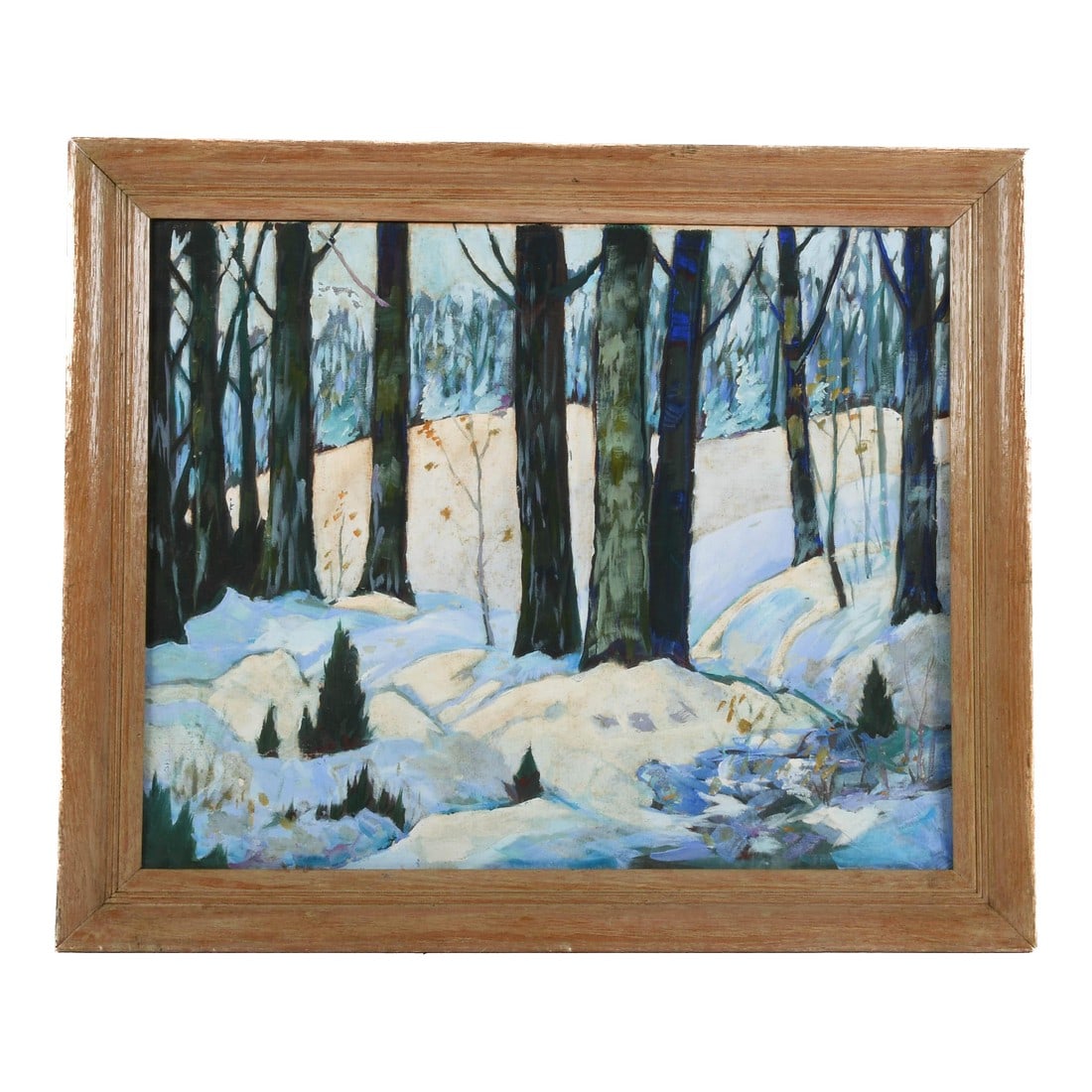 Antique Framed Oil on Board Snow Scenery: This Antique Framed Oil on Board Snow Scenery captures a tranquil winter forest scene with bold, expressive brushstrokes and a cool, calming palette. Tall, dark tree trunks stand in striking contrast