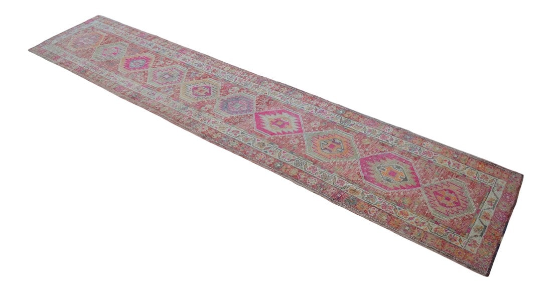 Hand-Knotted Turkish Long Runner Rug . Low Pile Hallway Decor 2"²9"³ × 13"²: Unleash vibrant charm with this Vintage Turkish Rug adorned with a playful Floral pattern. This 3x14 ft hand-knotted runner rug is a stunning addition to any space. Perfect for your kitchen island or