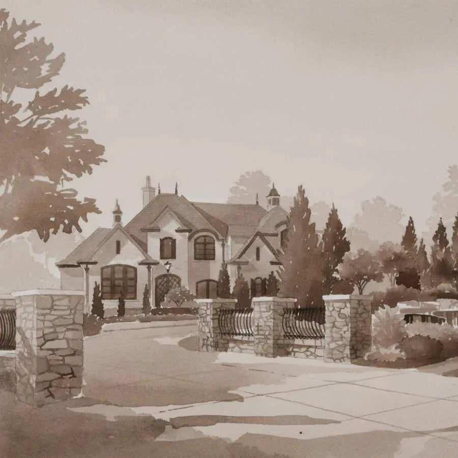 Framed Unsigned Architectural Exterior Watercolor - 3