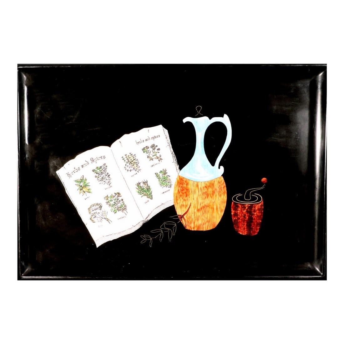 Couroc Serving Tray, Herbs & Spices: Couroc Serving Tray, Herbs & Spices, 1960s/70s The rectangular black resin serving tray is decorated with an open book titles "Herbs & Spices with an oli jug by it and a herb grinder and a herb