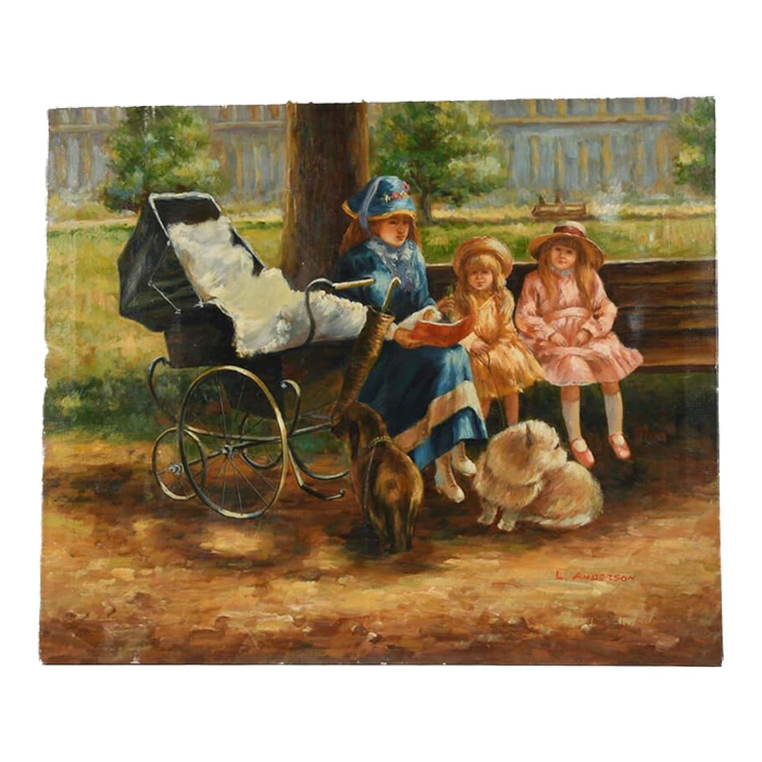 Oil on Canvas of a Mother and Her Children at a Park: This Oil on Canvas of a Mother and Her Children at a Park is a beautifully nostalgic scene capturing the warmth of family and the joy of nature. The artist's soft brushstrokes and harmonious color