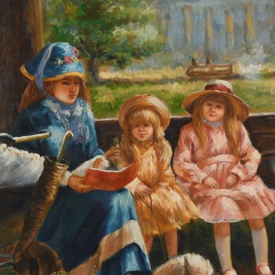 Oil on Canvas of a Mother and Her Children at a Park - 3