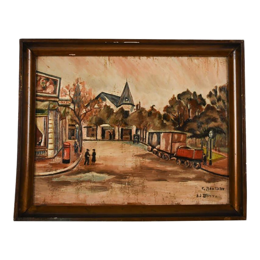 Framed Signed Aj Botta Oil on Board Landscape: This Framed Signed AJ Botta Oil on Board Landscape is a beautifully painted scene depicting a tranquil urban setting with a mix of architecture, trees, and figures engaged in daily life. The painting