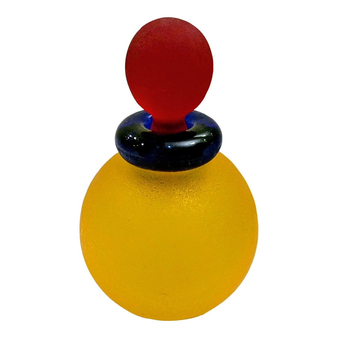 Signed Franco Moretti Vintage Scavo Murano Glass Bottle Yellow /Blue With Red Stopper: An early 1980s Venetian bottle in Frosted Murano glass in a vibrant yellow with orange tint and blue glossy rim which contrasts with the sensual red frosted, stoppe. The overall style is a sleek and