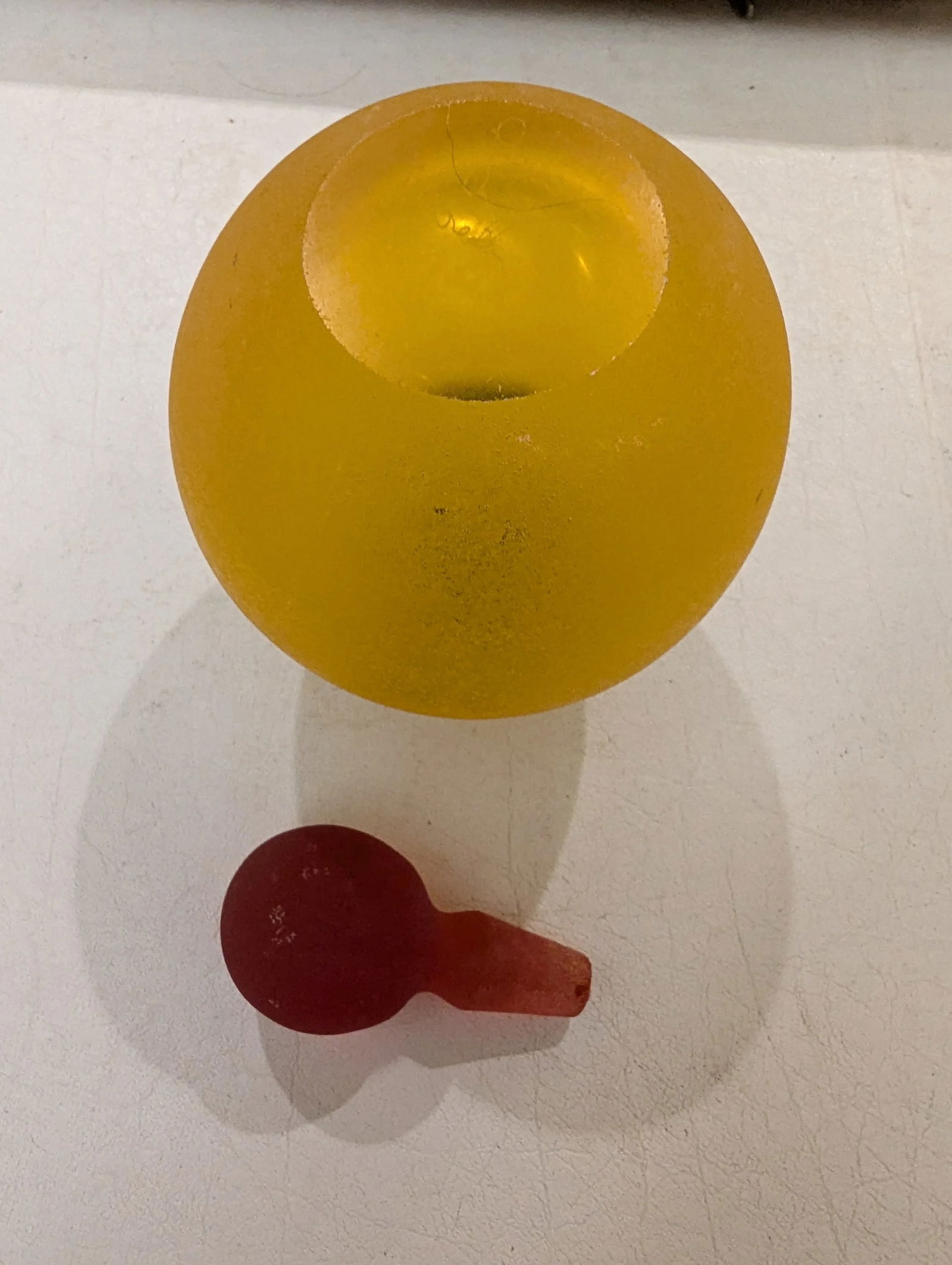 Signed Franco Moretti Vintage Scavo Murano Glass Bottle Yellow /Blue With Red Stopper - 5