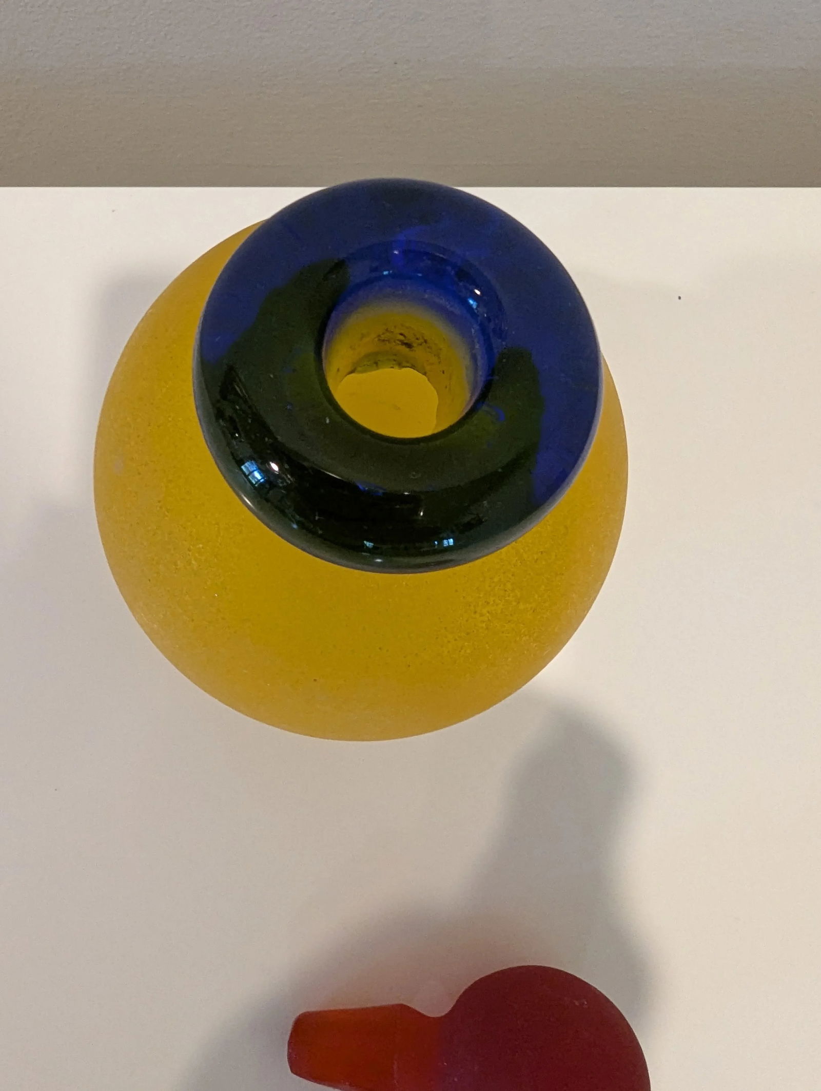 Signed Franco Moretti Vintage Scavo Murano Glass Bottle Yellow /Blue With Red Stopper - 7