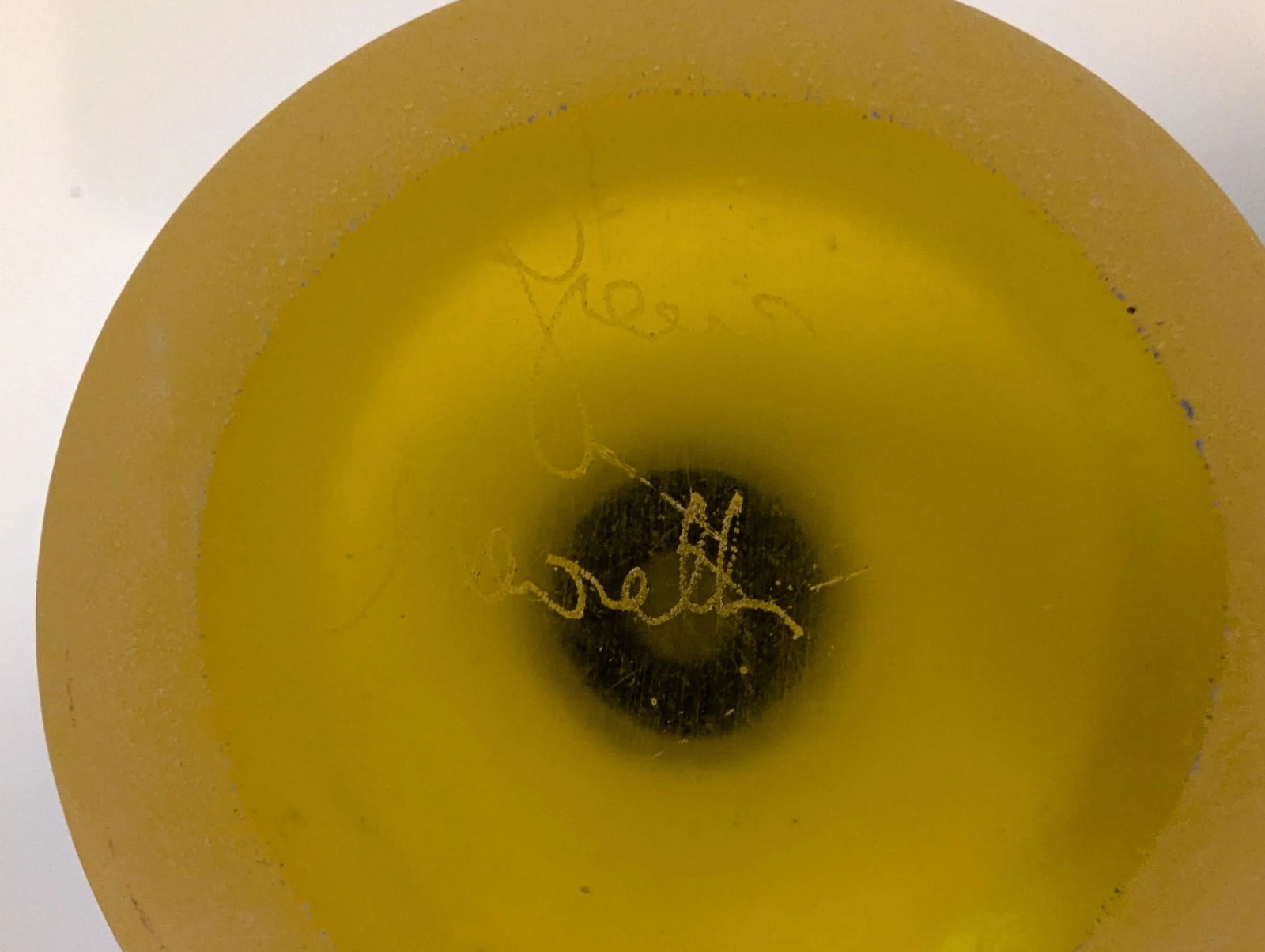 Signed Franco Moretti Vintage Scavo Murano Glass Bottle Yellow /Blue With Red Stopper - 8