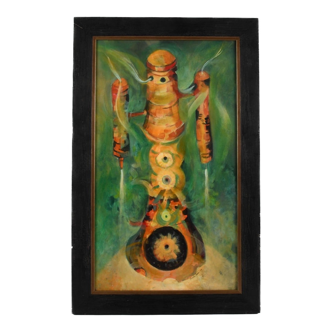 Framed Signed Ãngel Acosta LeÃ³n (1930-1964) Oil on Board Painting: This Framed Signed Ãngel Acosta LeÃ³n (1930-1964) Oil on Board Painting is a vivid and surreal composition that bursts with symbolic intensity. The vertical format emphasizes the