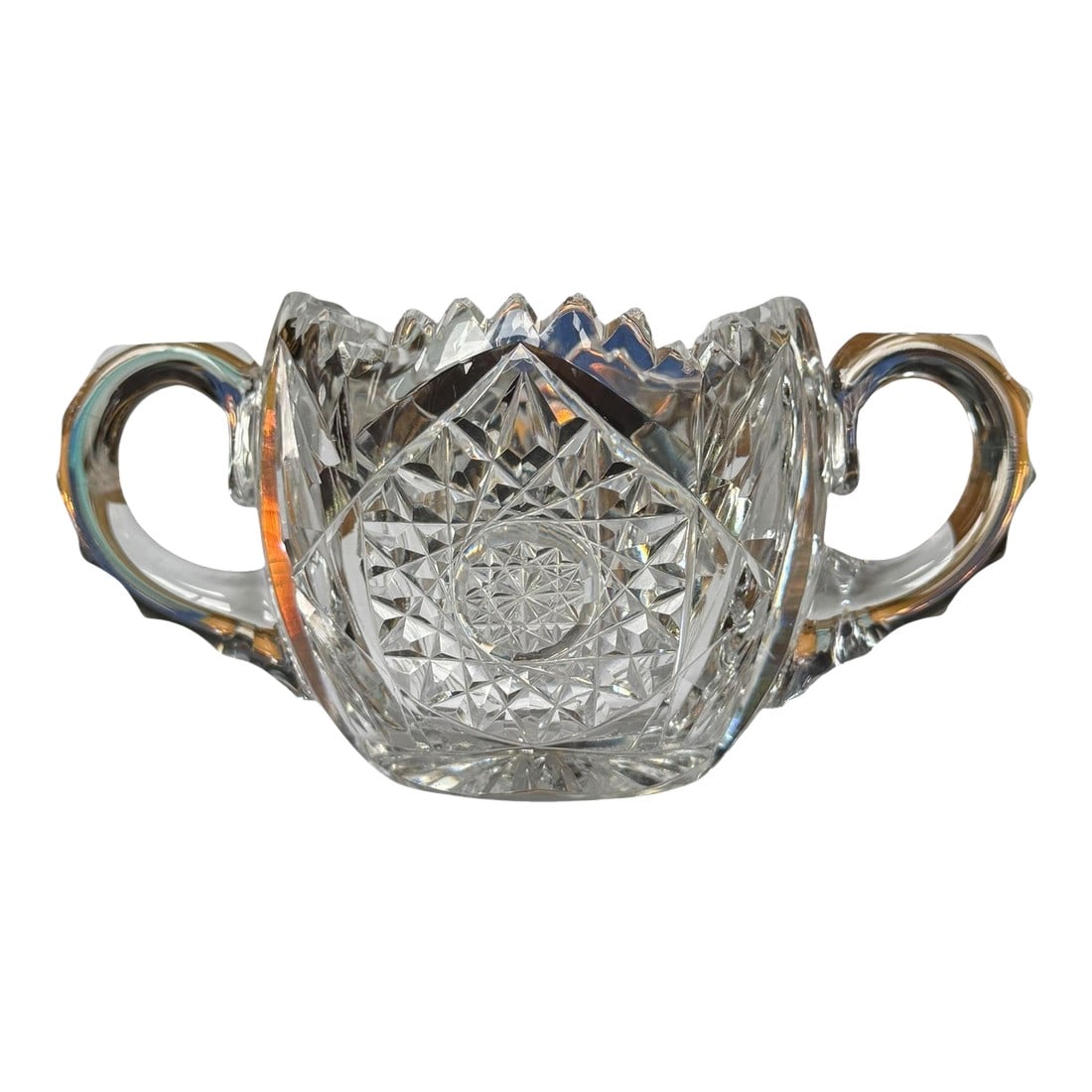 Antique Libbey Crystal Sugar Bowl American Brilliant Period Cut Glass: Less than half of American Brilliant Period glass is marked making this sugar extra special. A beautiful cut crystal double handled antique sugar bowl marked Libbey on the handle. The handles are