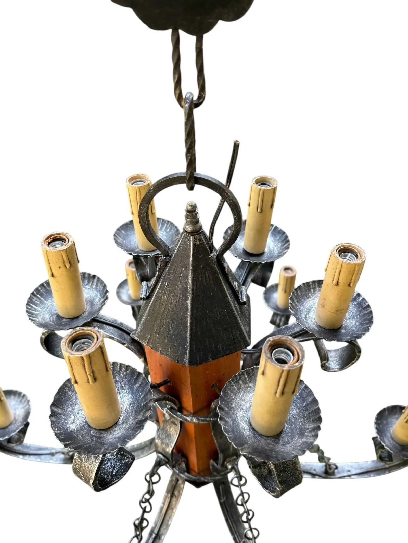 1970s Made in Italy Mediterranean Revival Wrought Iron Style 12 Light Candle Chandelier - 10