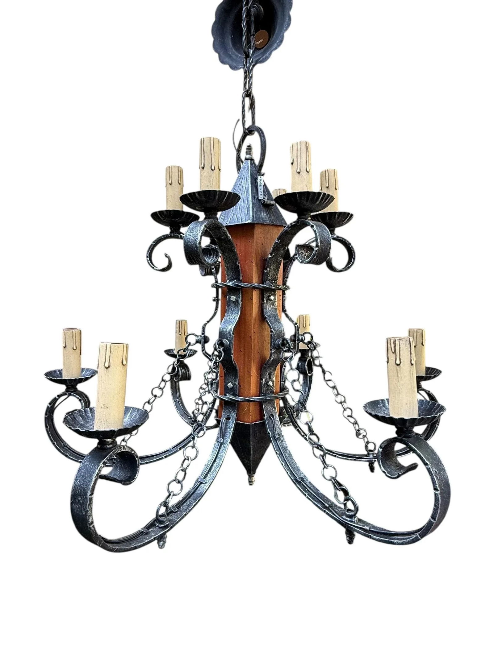 1970s Made in Italy Mediterranean Revival Wrought Iron Style 12 Light Candle Chandelier - 11