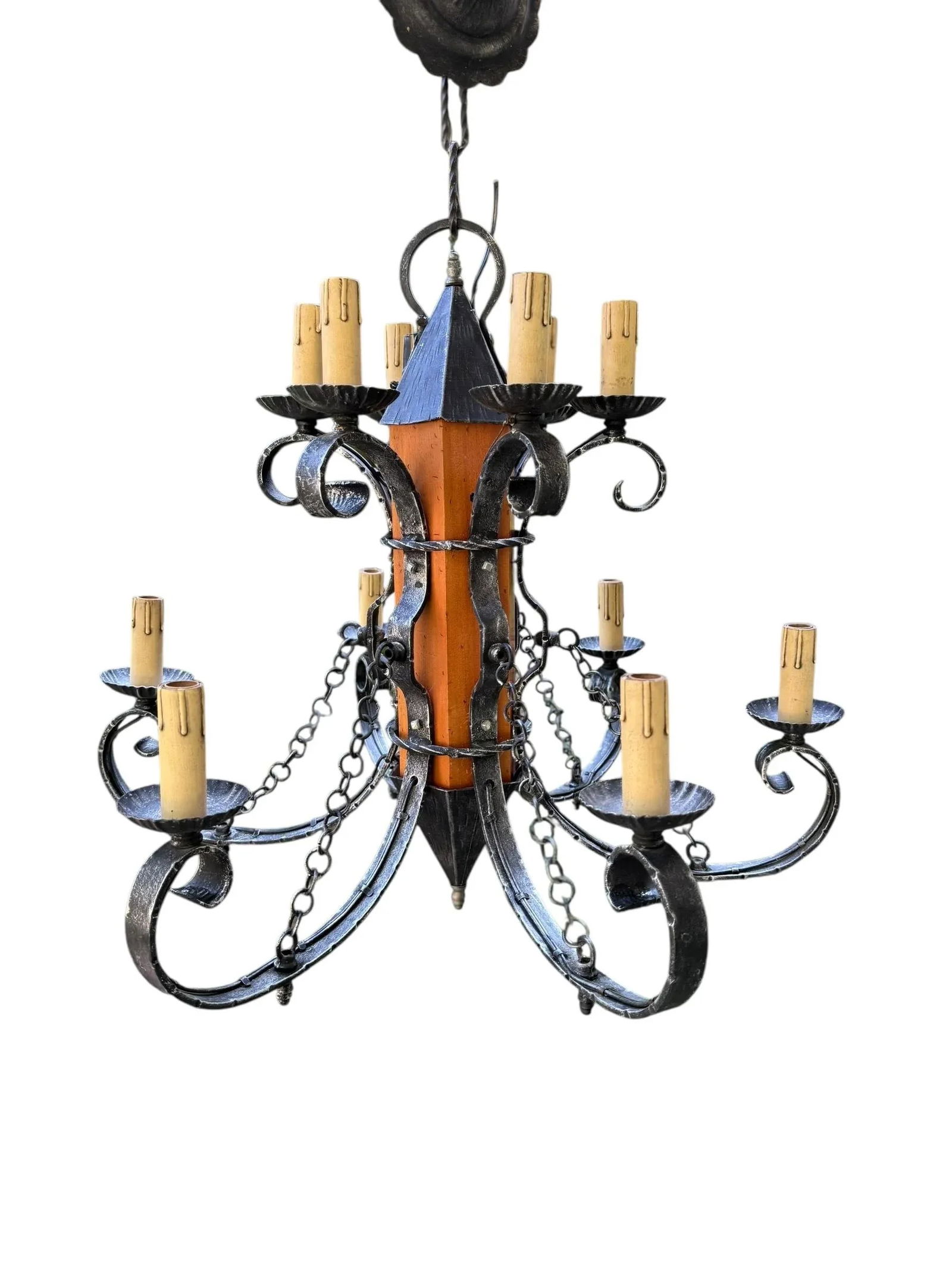 1970s Made in Italy Mediterranean Revival Wrought Iron Style 12 Light Candle Chandelier - 13