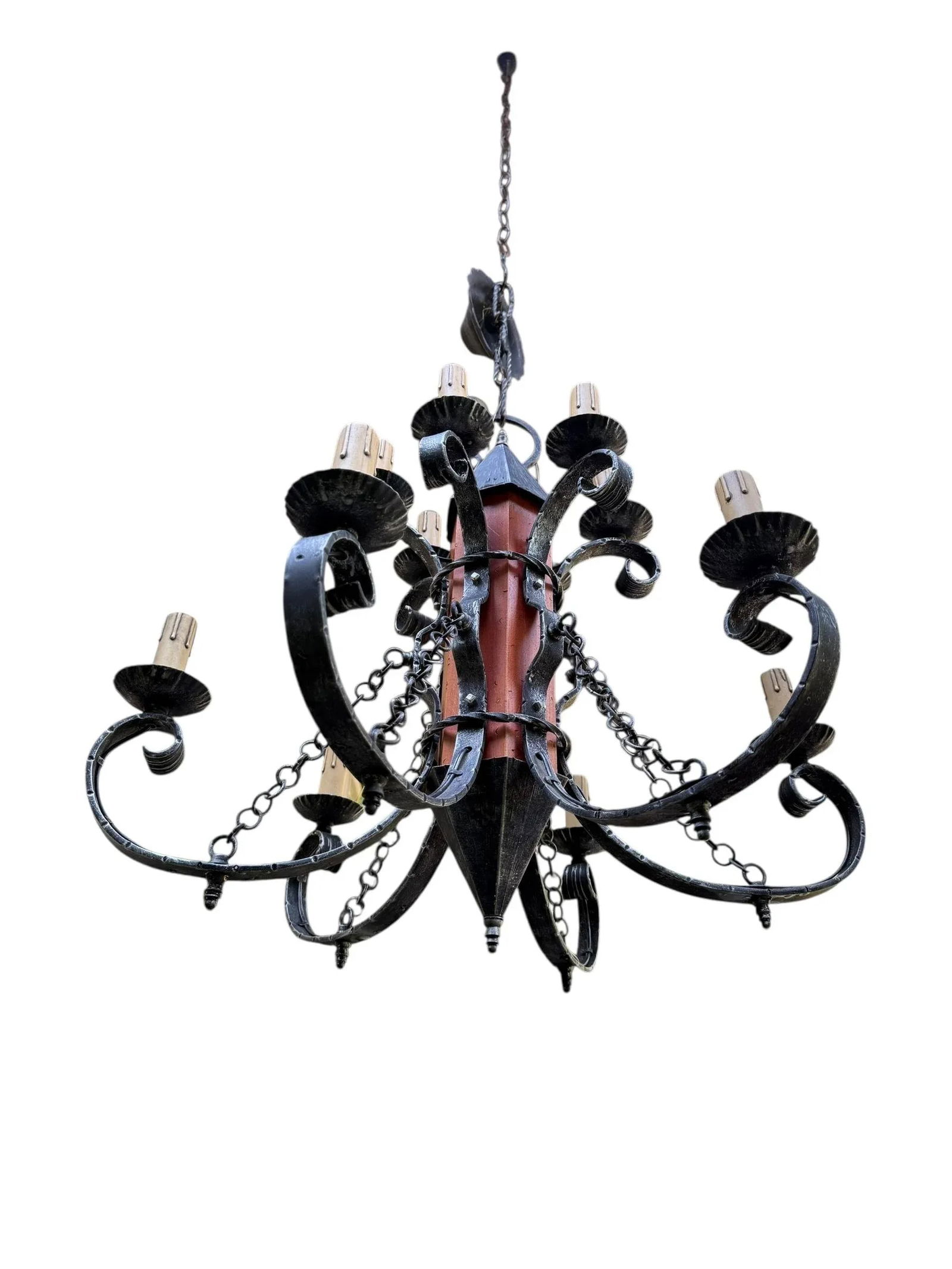 1970s Made in Italy Mediterranean Revival Wrought Iron Style 12 Light Candle Chandelier - 4