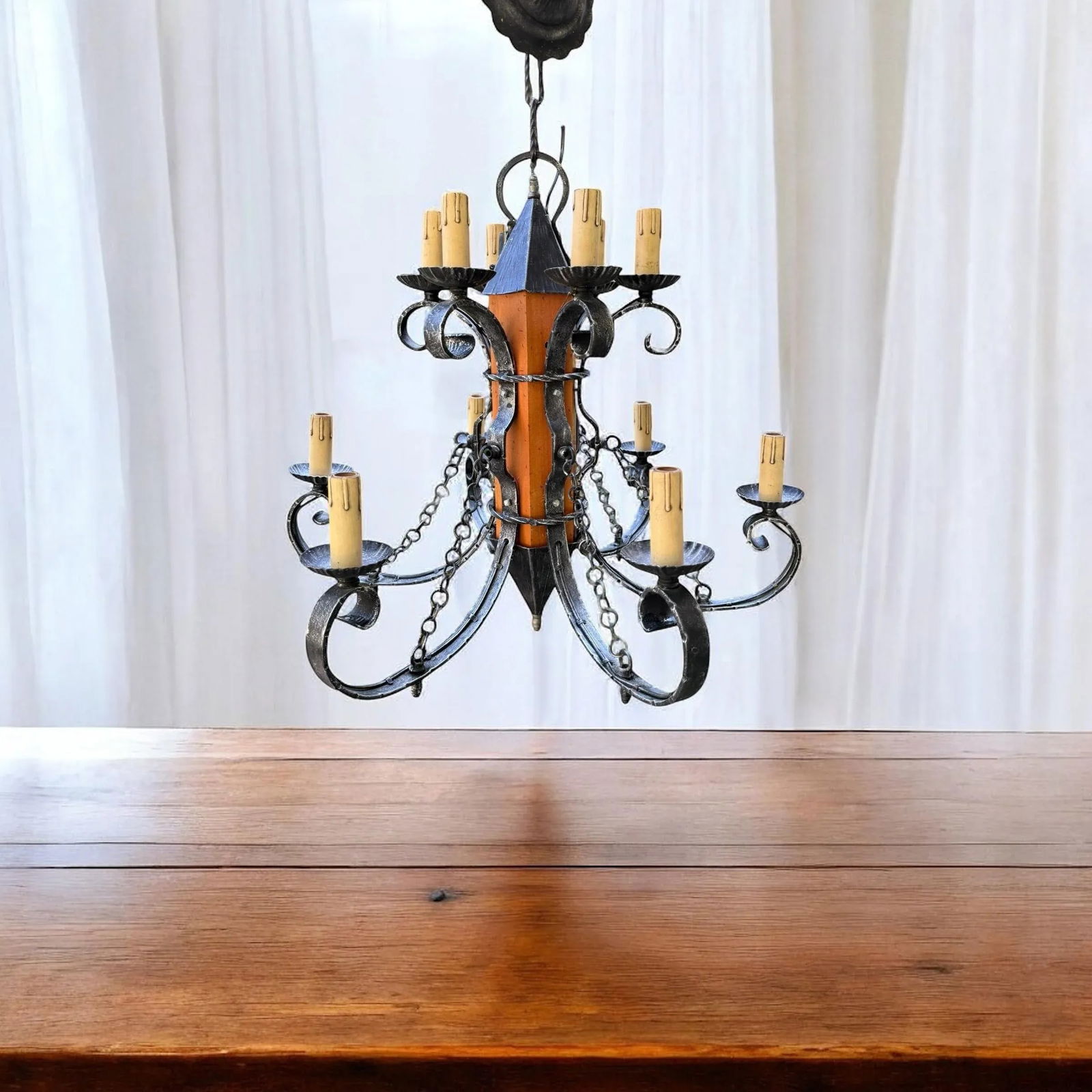 1970s Made in Italy Mediterranean Revival Wrought Iron Style 12 Light Candle Chandelier - 5