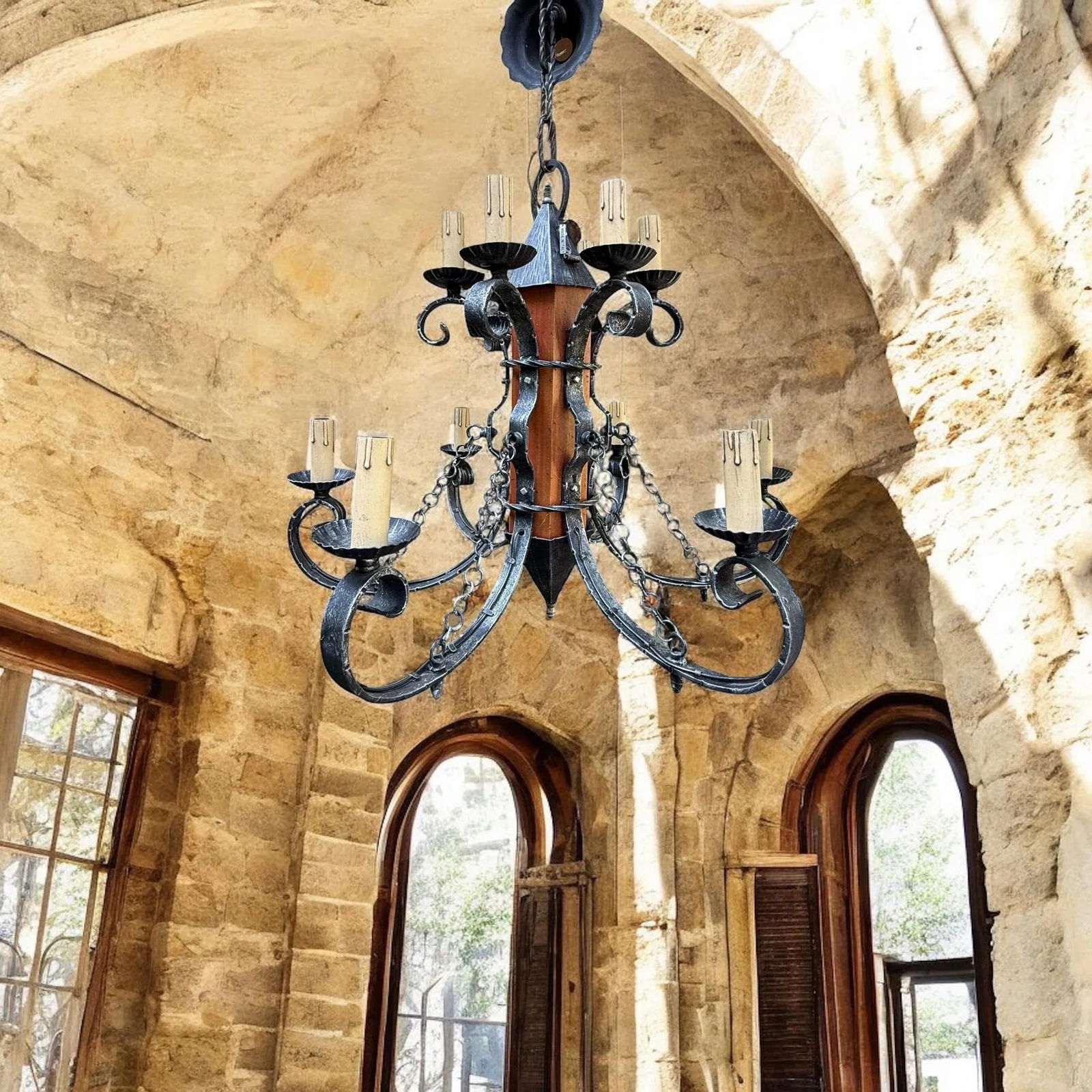 1970s Made in Italy Mediterranean Revival Wrought Iron Style 12 Light Candle Chandelier - 6