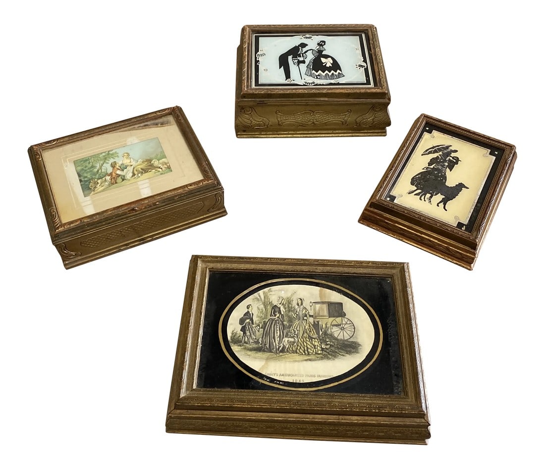 1970s French Wooden Boxes - Set of 4: Beautiful set of 4 French display boxes. Perfect as a catchall or as a display piece on a bookcase or any table top and for the interior designer. Large: 11.5" . 8.5" x 3.5" Medium: 9.5" x 7.5" x 3.5"