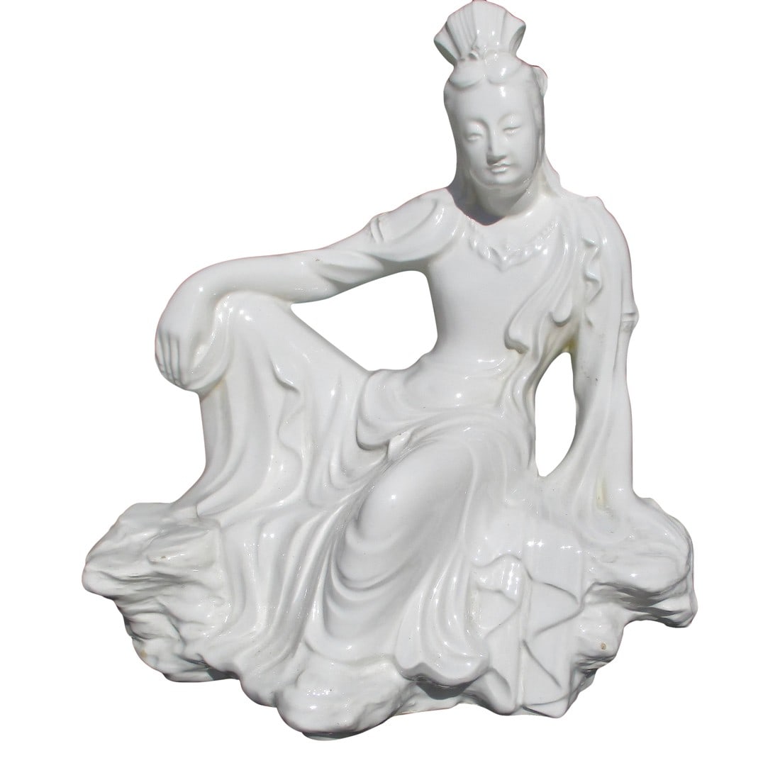 Porcelain Night Light Water Gazing Kuan Yin: Beautifully crafted porcelain figure of the Water Gazing Kuan Yin. Softly colored white to bluish color with an Edison socket in the back of the rock work seat. The serene beauty meditates on the moon