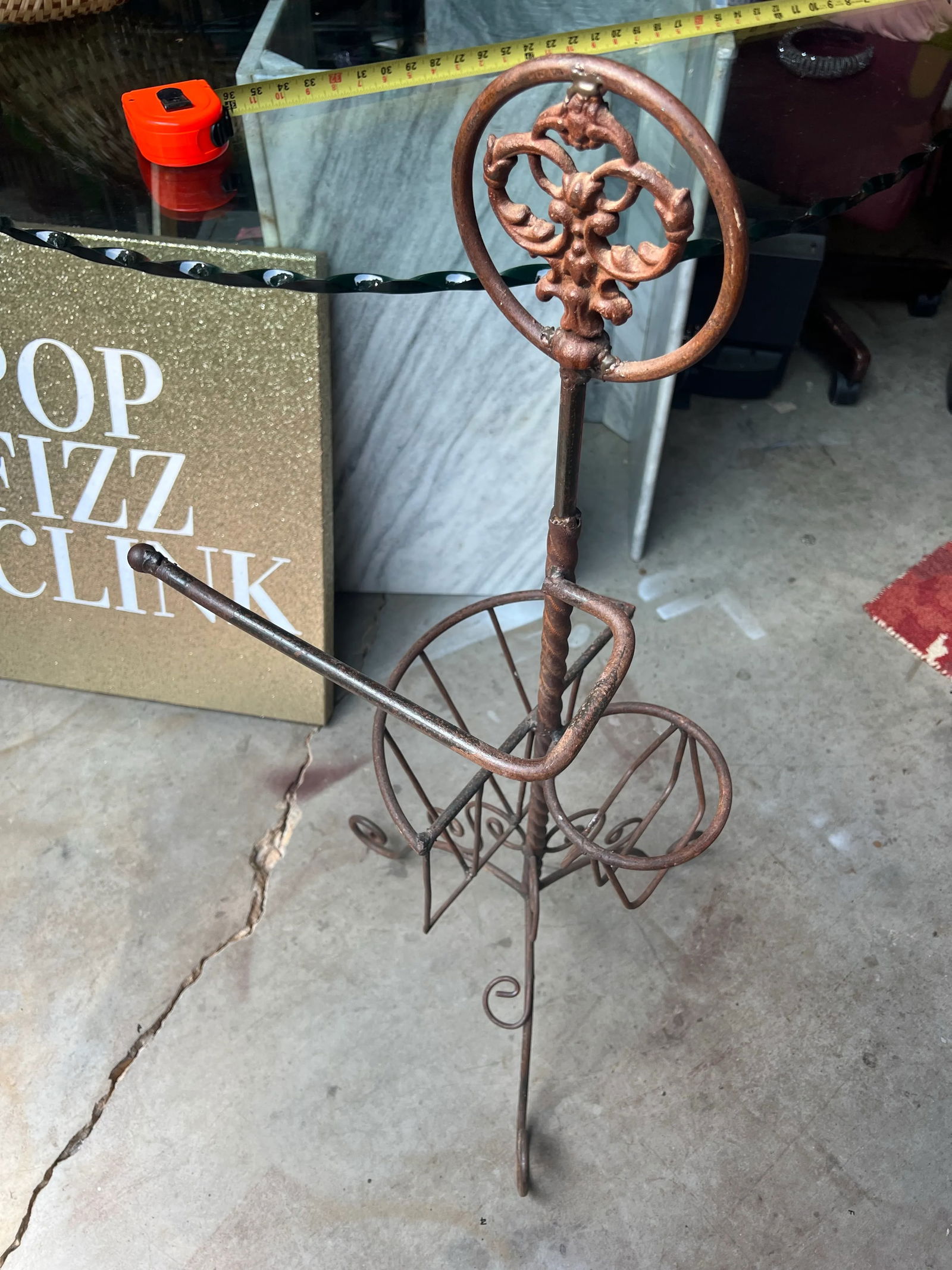 1970s Standing Wrought Iron Decorative Blanket Holder and Basket - 3