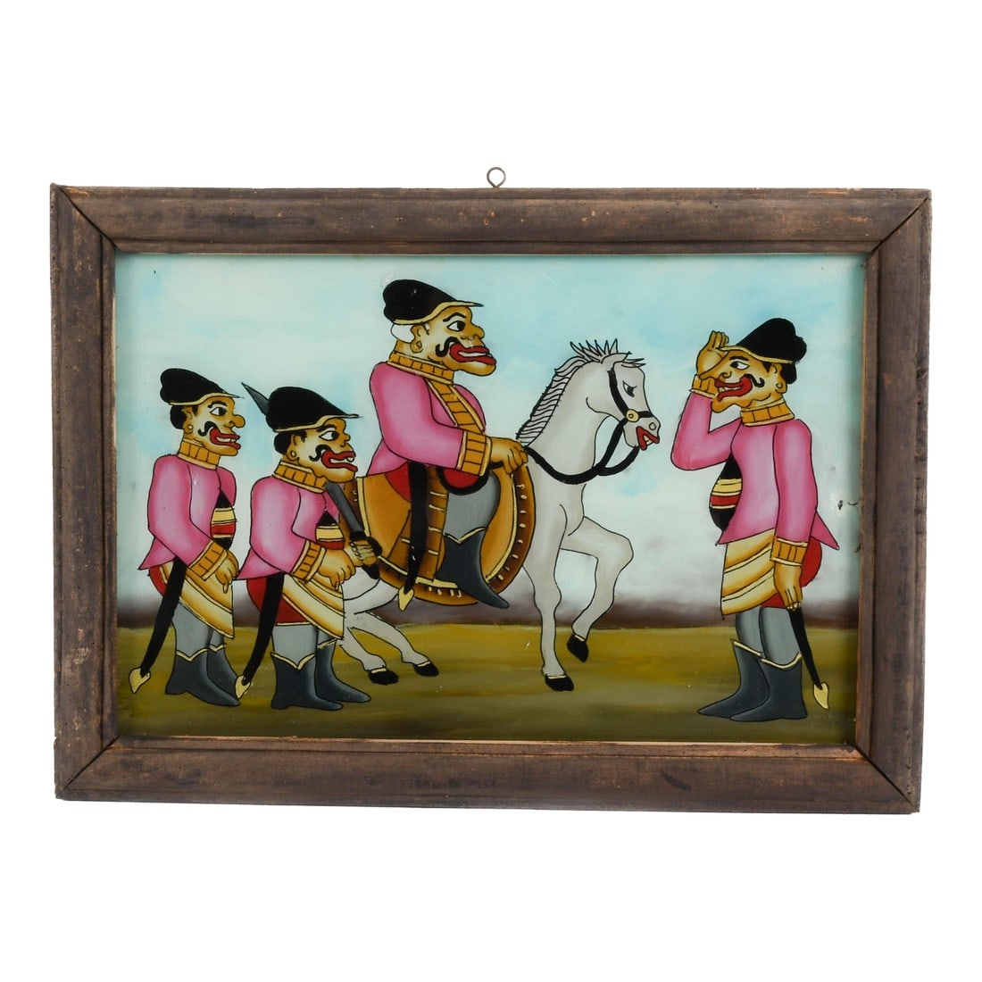 Framed Punakawan Reverse Painting Glass Pink Uniform Military Salute: This Framed Punakawan Reverse Painting Glass Pink Uniform Military Salute is a vibrant and culturally rich artwork rendered in the traditional reverse glass painting technique. The scene depicts four