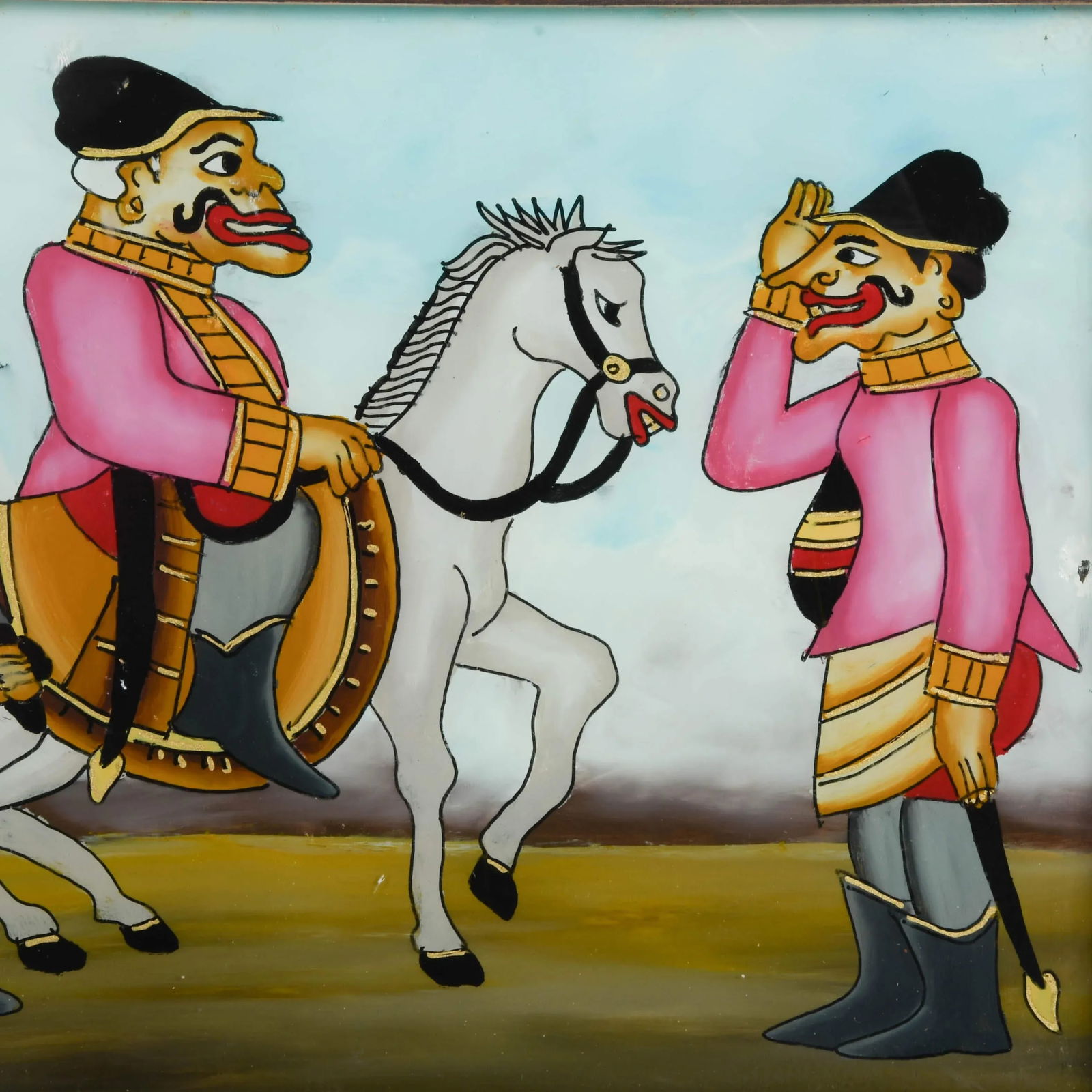 Framed Punakawan Reverse Painting Glass Pink Uniform Military Salute - 3