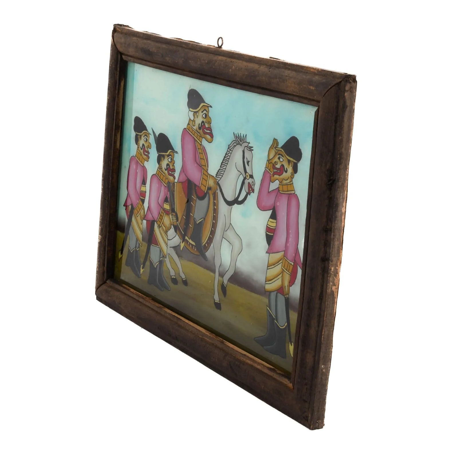 Framed Punakawan Reverse Painting Glass Pink Uniform Military Salute - 4