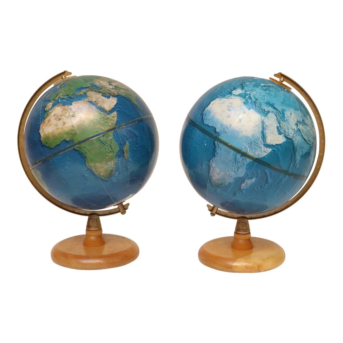 Set of Two Vintage Petite Replogle Satellite Visions Globes - Winter and Summer Displays: Set of two petite table/desktop Replogle "Satellite Visions" Globes (ca. mid-1990s, USA). Each globe is composed of a nine-inch orb featuring gores over cardboard with equator tape mounted to a plasti