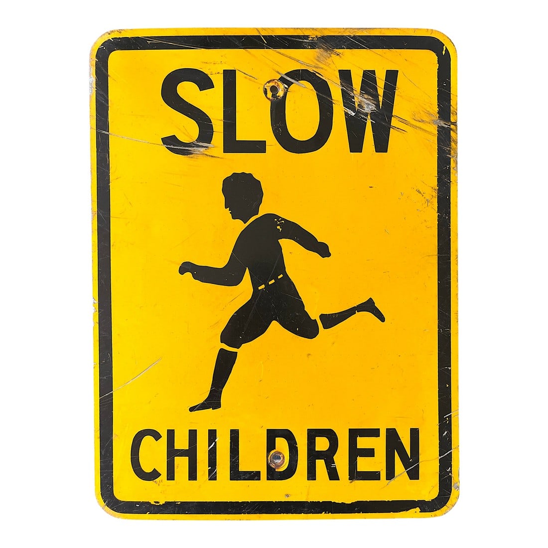 Vintage Yellow & Black Metal "Slow Children" Road Sign – 24": Add bold graphic punch and Americana charm to your décor with this vintage "Slow Children" street sign. Crafted from heavy-gauge metal and painted in bright safety yellow with black lettering