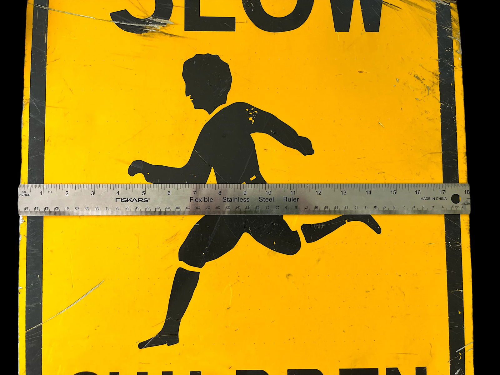 Vintage Yellow & Black Metal "Slow Children" Road Sign – 24" - 2