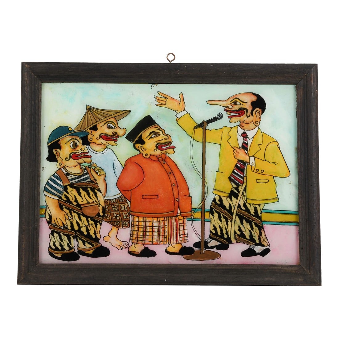 Framed Punakawan Reverse Glass Painting of Petruk Giving a Speech: In this vibrant reverse glass painting, the ever-expressive Petruk--one of the iconic Punakawan clown-servants of Javanese mythology--takes center stage at a microphone, gesturing passionately as he