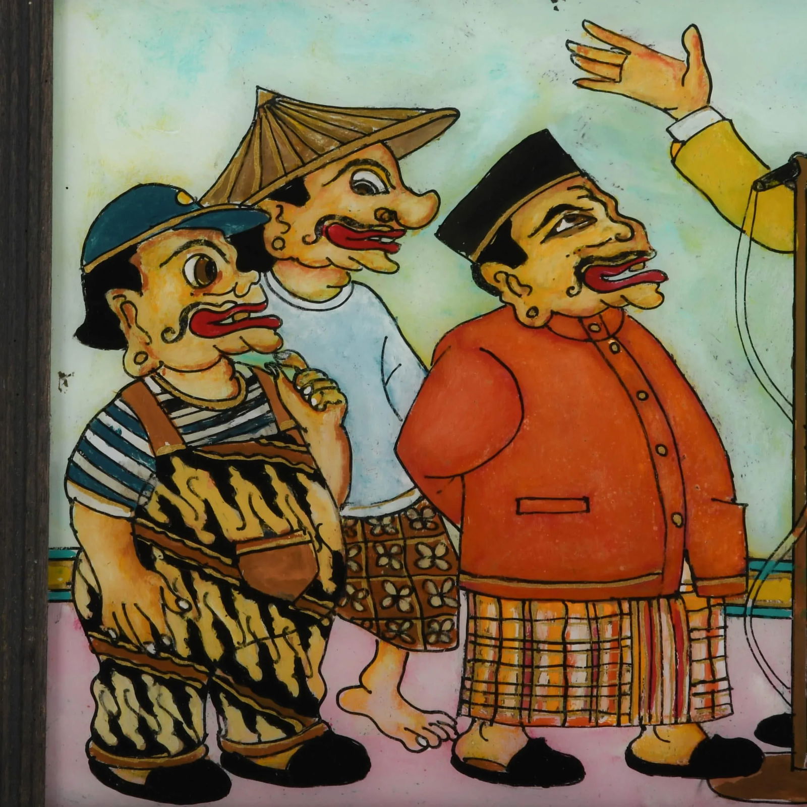 Framed Punakawan Reverse Glass Painting of Petruk Giving a Speech - 2