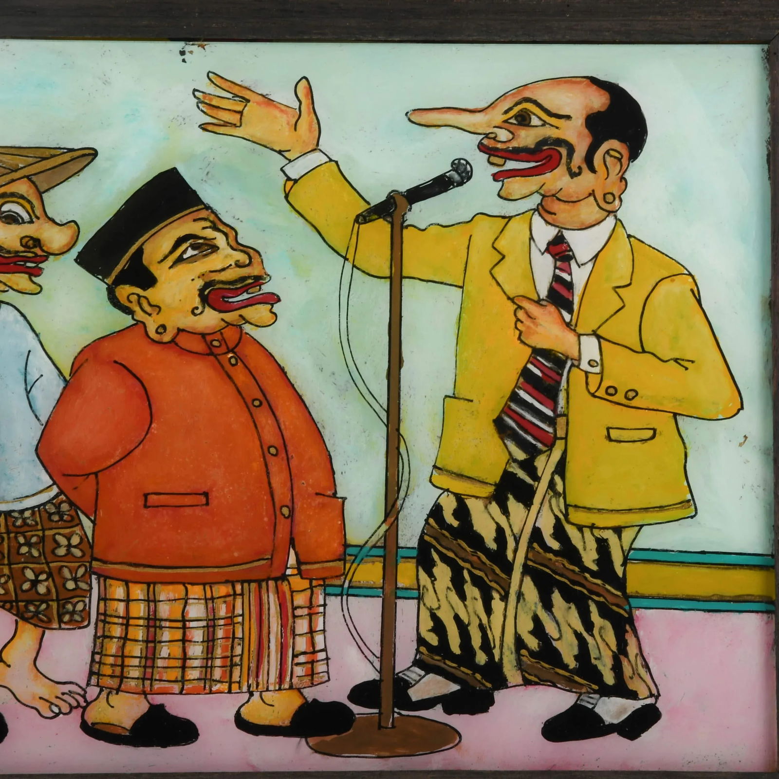 Framed Punakawan Reverse Glass Painting of Petruk Giving a Speech - 3