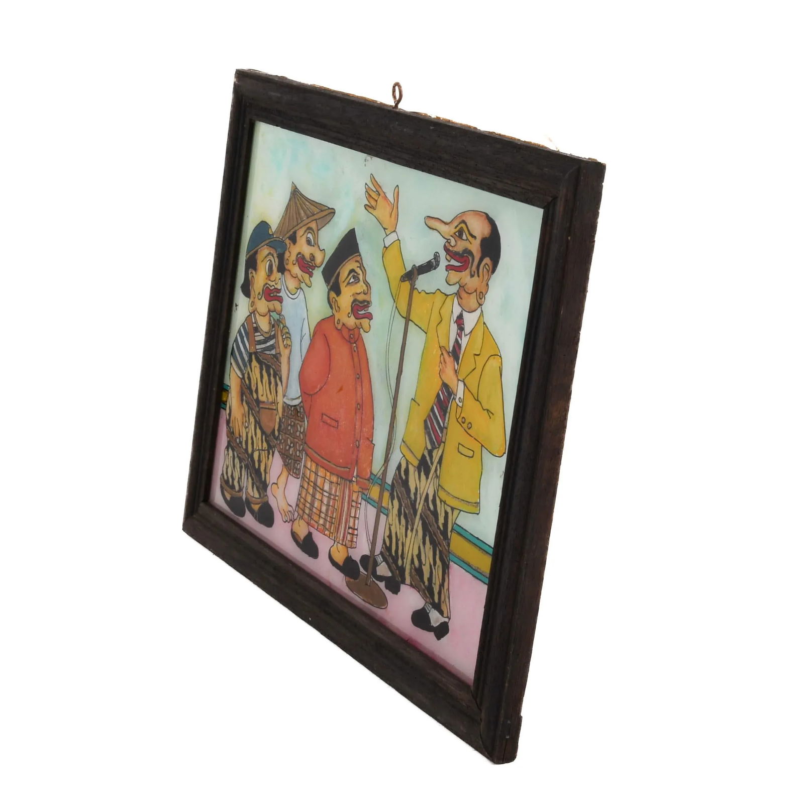 Framed Punakawan Reverse Glass Painting of Petruk Giving a Speech - 4