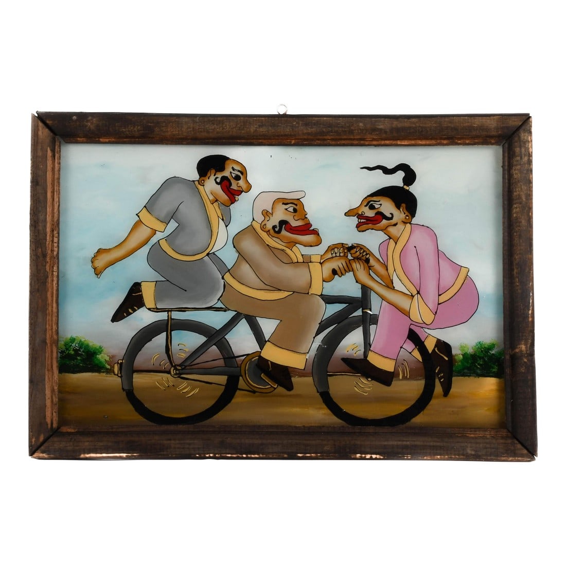 Framed Punakawan Reverse Glass Painting Petruk, Gareng and Bajong Cycling: Celebrate camaraderie and comic whimsy with this lively Framed Punakawan Reverse Glass Painting, featuring the beloved Javanese clowns Petruk, Gareng, and Bagong precariously balanced on a single