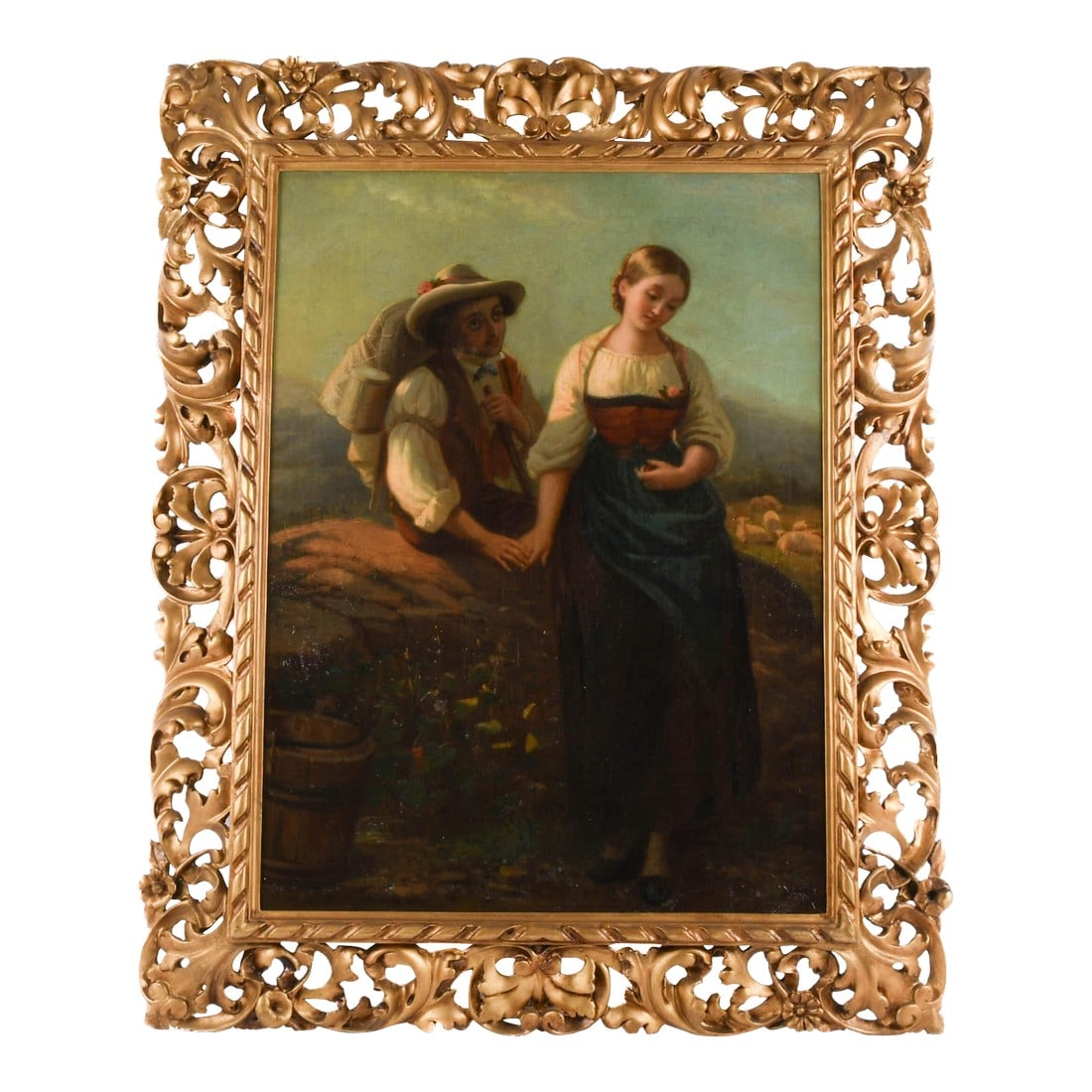 Antique Framed German Couple Oil on Canvas in the Style of Friedrich Prölss: This charming antique oil on canvas depicts a tender moment between a young German couple, rendered in the style of 19th-century painter Friedrich Prölss (1855-1934). Set against a pastoral