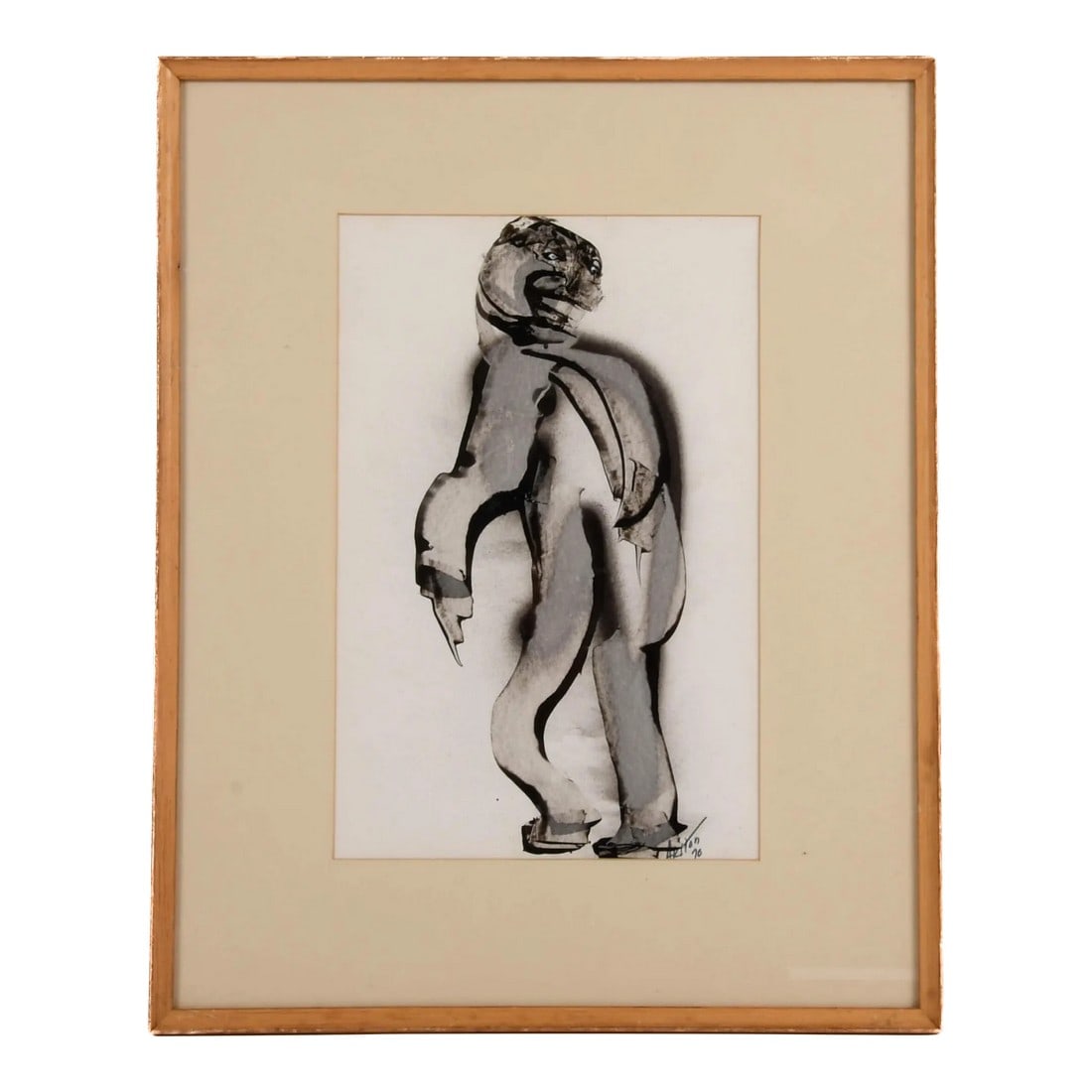 Framed Signed J. Akston "The Wanderer, 1970" Acrylic and Paper Painting: This expressive piece, titled Framed Signed J. Akston "The Wanderer, 1970" Acrylic and Paper Painting, presents a fluid, abstract figure rendered in a grayscale palette that emphasizes movement and em