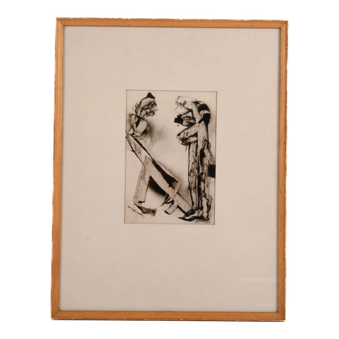 Framed Signed J. Akston "Repugnant Suitor, 1970" Acrylic on Paper: This artwork, titled Framed Signed J. Akston "Repugnant Suitor, 1970" Acrylic on Paper, presents a dynamic monochromatic scene in Akston's signature abstract figurative style. The composition depicts