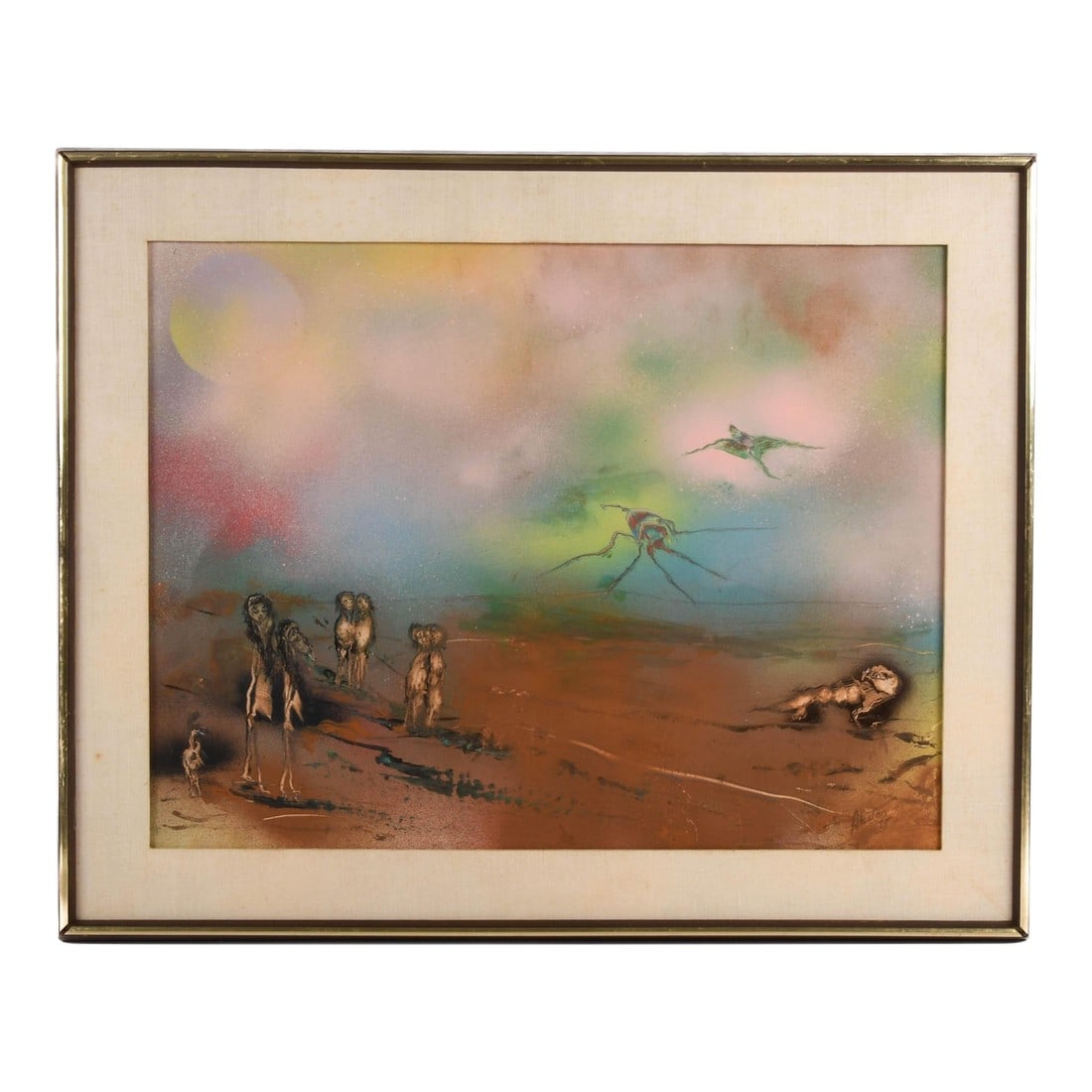 Signed J. Akston "Placental Beings Swept Over Deserted Lands, 1975" Enamel: Placental Beings Swept Over Deserted Lands by J. Akston is a surrealist's reckoning with existential drift. Executed in enamel on masonite, this framed work is a fevered dream--equal parts decay and