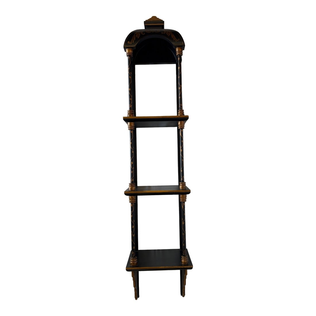 Wall Chinoiserie Three Tier Shelf: Black chinoiserie three tier shelf with gold trim. Condition: Alterations: Original Condition Unaltered Imperfections: Some Imperfections Condition Notes: Good condition Dimensions: Height: 46 in. Wid