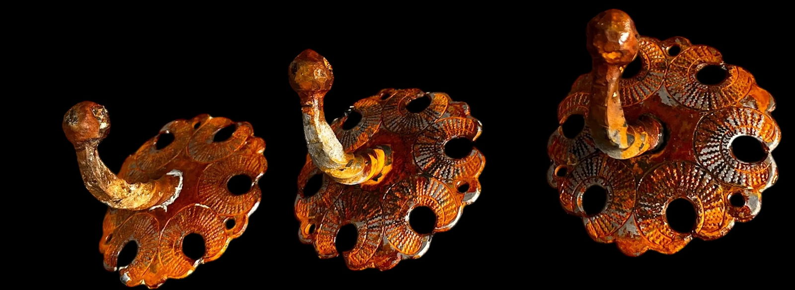 Set of Antique Iron Hooks With Ornate Backplates and Aged Patina - Three - 2