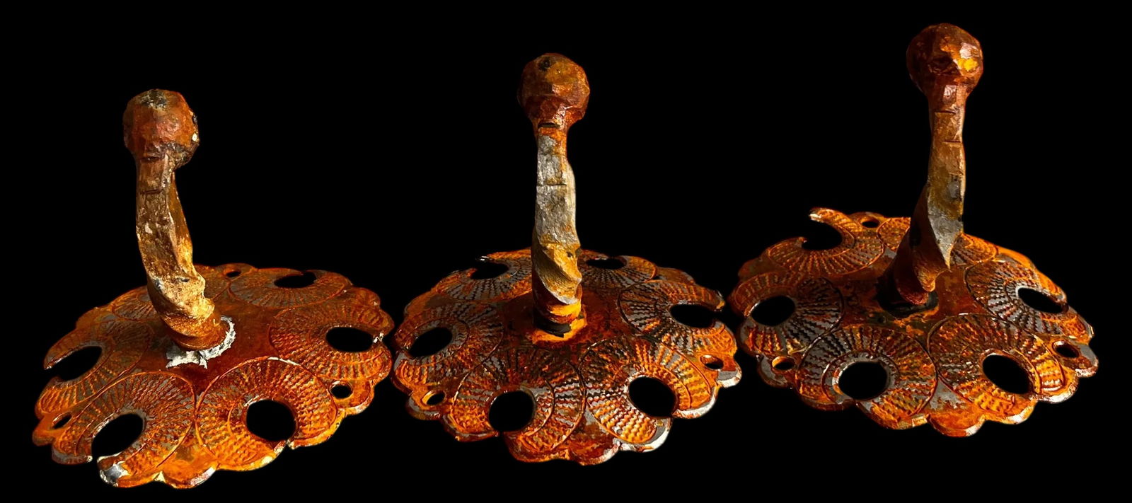 Set of Antique Iron Hooks With Ornate Backplates and Aged Patina - Three - 3